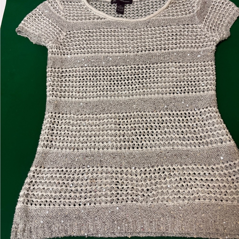 INC International Concepts Cream Open Knit Short Sleeve Top with Sparkle